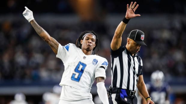 Detroit Lions wide receiver Jameson Williams celebrates a catch against the Dallas Cowboys.